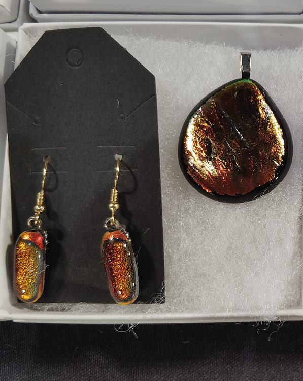 Matching set: teardrop pendant and drop earrings in molten copper and gold glass