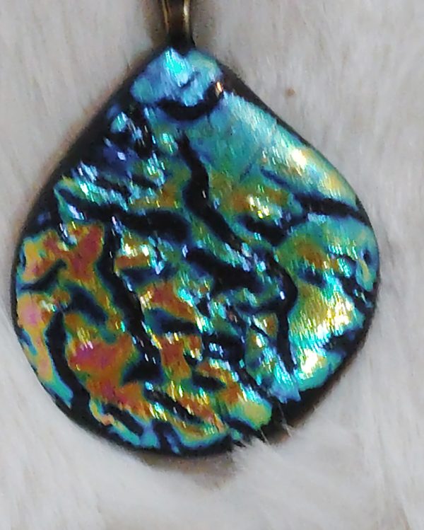 Teardrop glass pendant with crackled teal, gold and coral textures